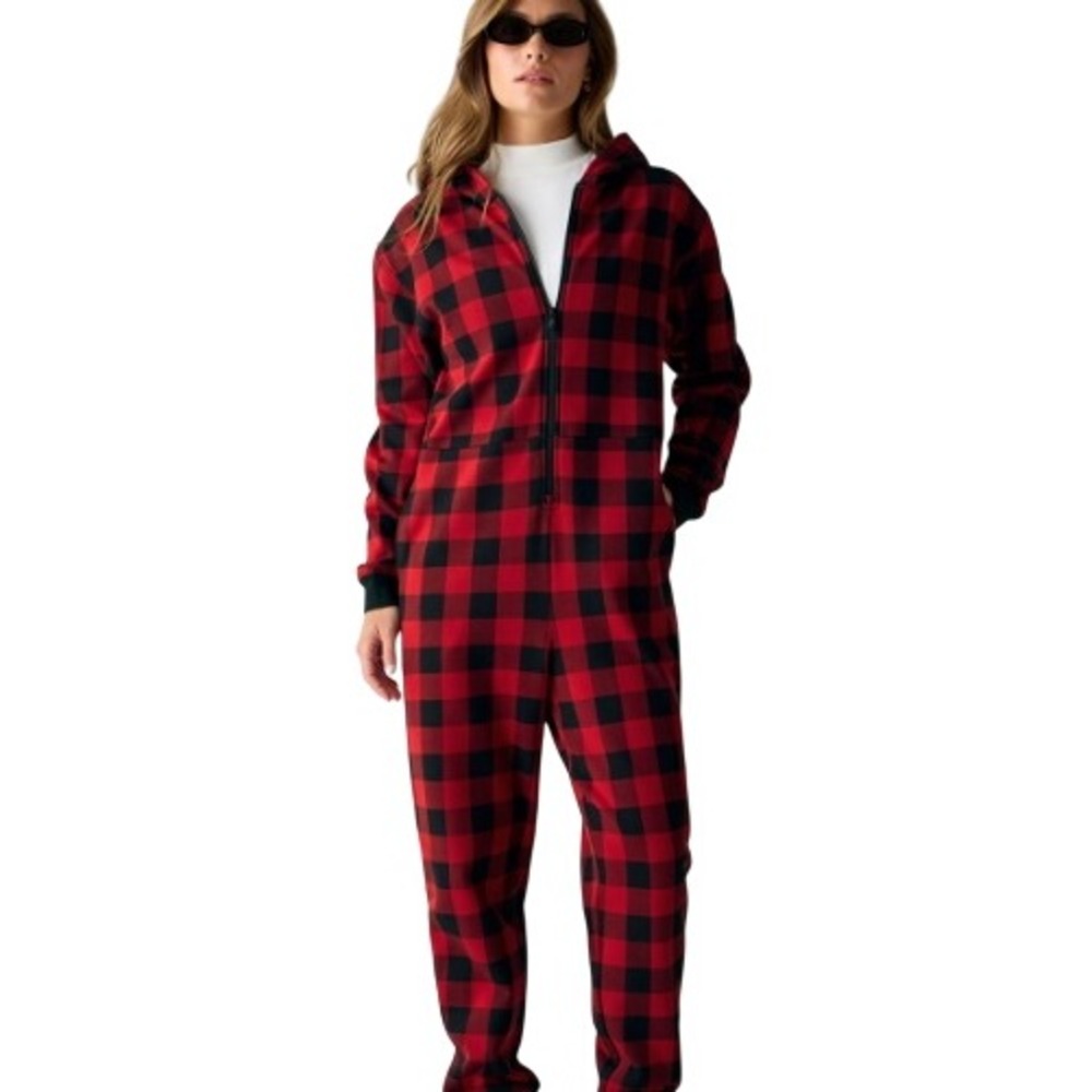Fabletics Cozy Fleece Hooded Jumpsuit XL Red Black Buffalo Plaid Zip Front Sleep